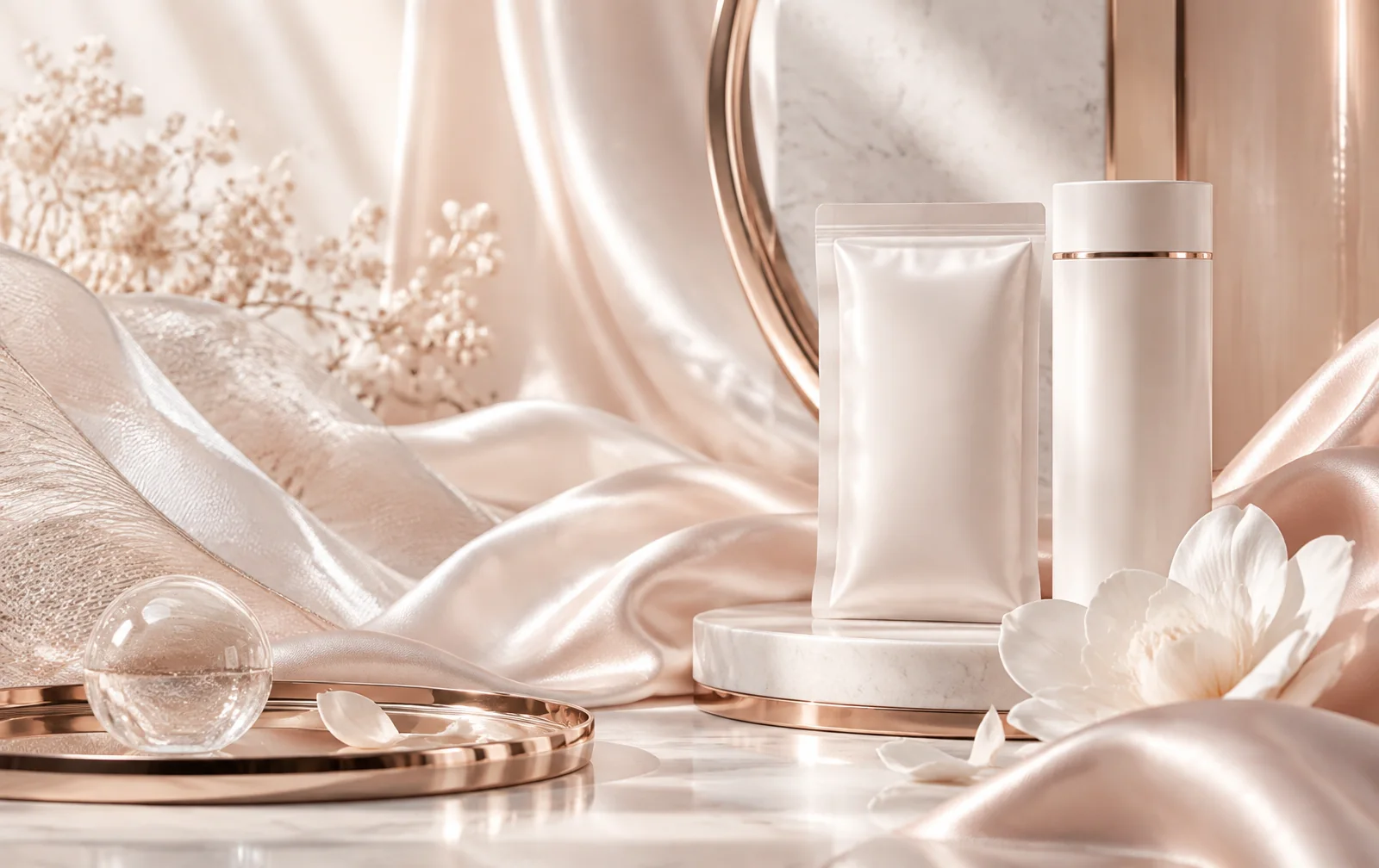 LESANTE Under Pack Hero Hintergrund mit Roségold und Satin Luxuriöse feminine Pflegeinszenierung für LESANTE Y-Zone Care Under Pack